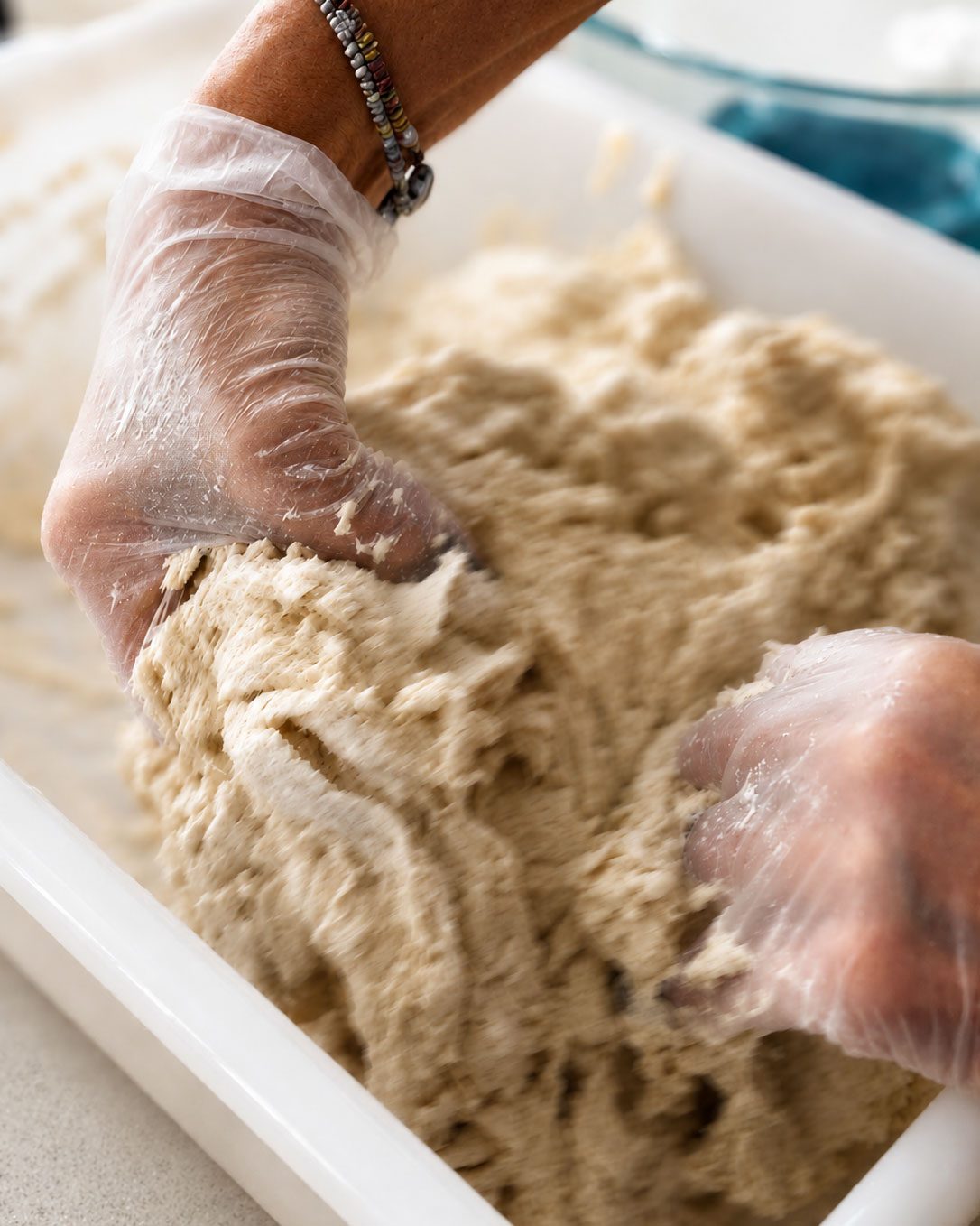 Gloved hands kneading a batch of dough by hand in Denise's home kitchen.