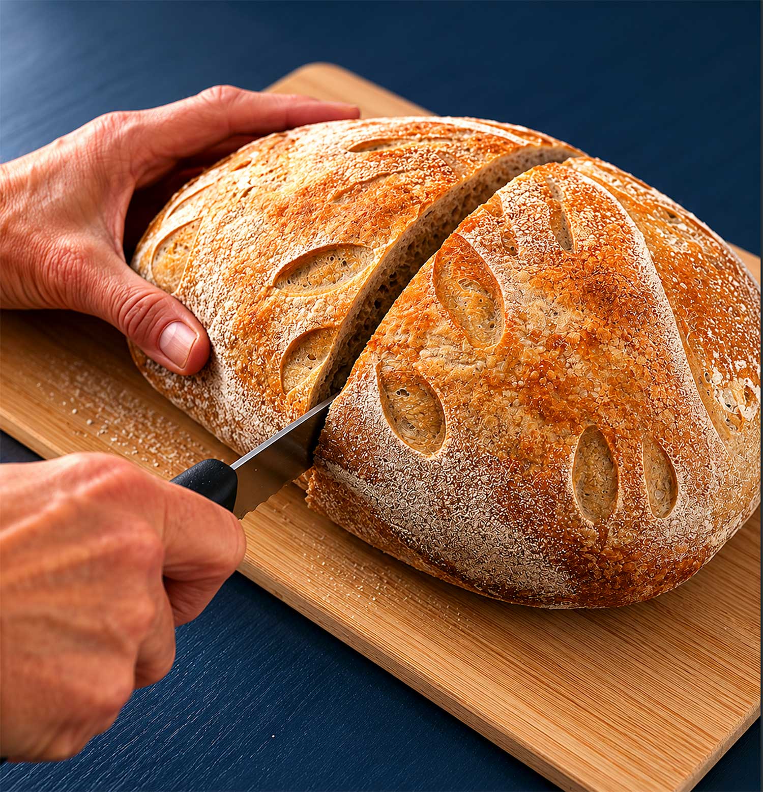 Hands slicing a freshly baked sourdough boule on a wooden cutting board.