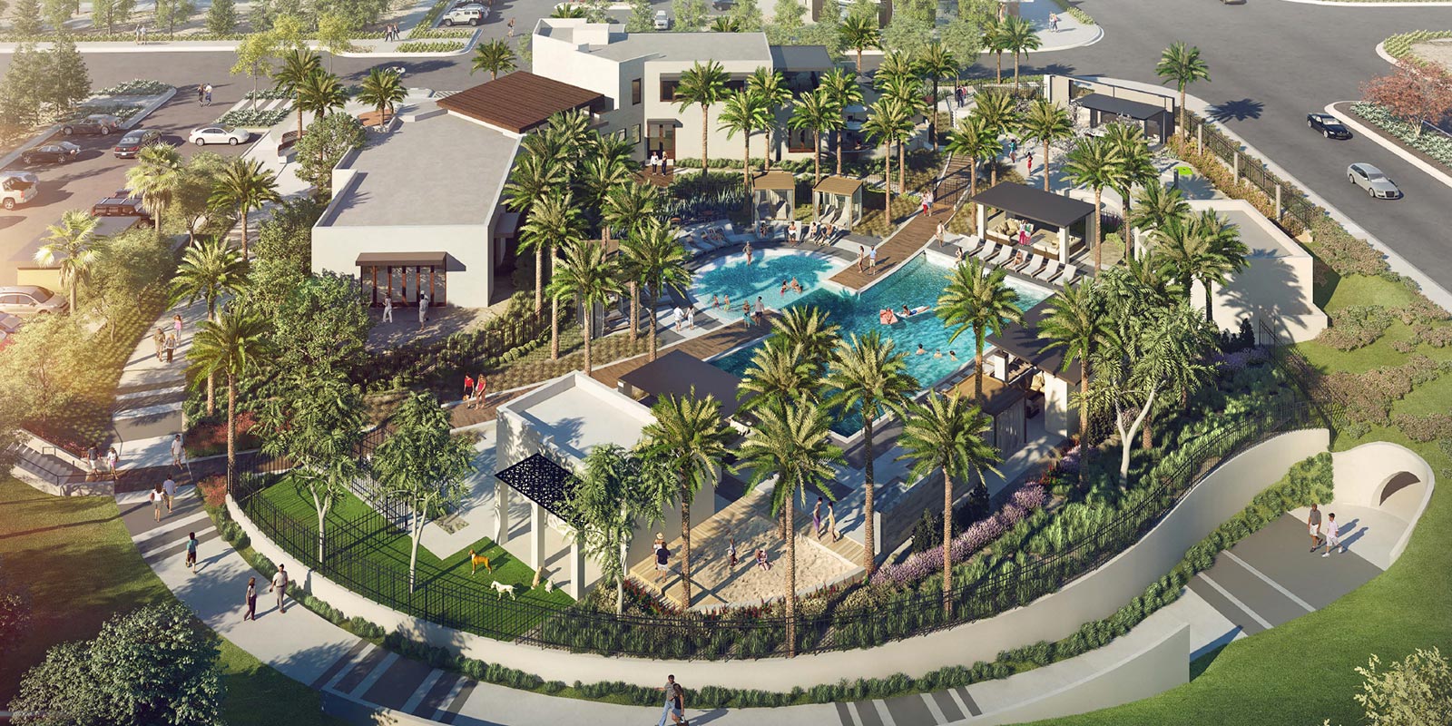 Aerial view of our neighborhood — palm-lined paths, the resort clubhouse, and the foothills beyond. Built on land that was once Cucamonga vineyards.